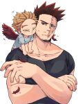  2boys :t black_shirt blonde_hair blue_eyes blue_shirt boku_no_hero_academia cheek-to-cheek child closed_eyes closed_mouth collarbone commentary_request crossed_arms facial_hair facial_mark feathered_wings feathers fingernails hawks_(boku_no_hero_academia) looking_at_another looking_to_the_side male_focus mature mature_male miso_(mimimiso) motion_lines multiple_boys muscular muscular_male nuzzle on_shoulder pectorals red_feathers red_hair red_wings scar scar_across_eye scar_on_face shedding shirt short_hair sideways_glance simple_background spiked_hair stubble sweatdrop t-shirt todoroki_enji upper_body white_background wings younger 