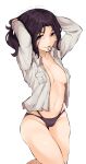  1girl absurdres adjusting_hair black_eyes black_hair black_panties breasts commentary_request gongtak hands_in_hair highres long_hair looking_at_viewer medium_breasts midriff mouth_hold navel open_clothes open_shirt panties pieck shingeki_no_kyojin simple_background smile solo thighs underwear white_background 
