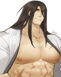  1boy abs bara bare_pecs black_hair character_request copyright_request dougi facial_hair gomtang japanese_clothes kimono large_pectorals long_hair male_focus mature_male muscular muscular_male nipples open_clothes open_kimono pectoral_focus pectorals scar scar_on_chest scar_on_stomach smile solo stomach stubble 