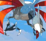  absurdres closed_mouth commentary_request day from_below gen_2_pokemon highres no_humans outdoors pokemon pokemon_(creature) shiny skarmory sky solo talons yuyu_ekaki_dayo 