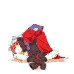  1girl arm_on_head black_footwear black_shirt blue_bow boots bow cape commentary_request disembodied_head full_body hair_bow high_collar long_sleeves negi-mamire pleated_skirt red_cape red_eyes red_hair red_skirt sekibanki shirt short_hair simple_background sitting skirt solo touhou white_background 