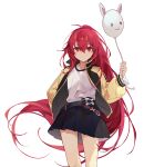  1girl balloon bangs black_jacket black_skirt closed_mouth elesis_(elsword) elsword eyebrows_behind_hair hair_between_eyes holding holding_balloon jacket long_hair long_sleeves looking_at_viewer machi_(7769) open_clothes open_jacket pleated_skirt puffy_long_sleeves puffy_sleeves red_eyes red_hair shirt simple_background skirt smile solo very_long_hair white_background white_shirt 