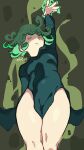  1girl absurdres black_dress curly_hair dress expressionless feet_out_of_frame flipped_hair floating green_eyes green_hair highres one-punch_man side_slit signature solo tatsumaki telekinesis whoopsatro 