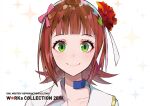  1girl amami_haruka blush brown_hair closed_mouth collared_shirt colorful commentary_request english_text eyelashes flower green_eyes hair_flower hair_ornament hair_ribbon idolmaster idolmaster_(classic) ram_(ramlabo) ribbon sailor_collar shirt smile sparkle 