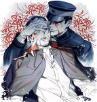  bandage_over_one_eye bandages black_eyes black_hair black_jacket blood blood_on_face closed_mouth collared_jacket covered_eyes facial_hair flower goatee golden_kamuy hanazawa_yusaku hand_on_another&#039;s_face hat imperial_japanese_army jacket jyun_xix looking_at_another military military_hat military_uniform ogata_hyakunosuke open_mouth red_flower scar scar_on_cheek scar_on_face shirt short_hair smile uniform upper_body white_background white_shirt 