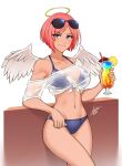  1girl airisubaka angel angel_wings artist_name bare_shoulders bikini blue_eyes breasts collarbone eyebrows_visible_through_hair eyewear_on_head halo highres holding large_breasts leaning_on_rail looking_at_viewer navel original pink_hair shirt short_hair simple_background smile solo standing sunglasses swimsuit watermark wet wet_clothes wet_shirt white_background wings 