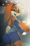  anthro basketball blonde_hair blue_eyes butt clothed clothing female hair hi_res lagomorph leporid lola_bunny looking_at_viewer looking_back looney_tunes mammal rabbit rin_tyan smile solo space_jam warner_brothers 