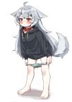  1girl animal_collar animal_ears bare_legs barefoot black_hoodie blush borrowed_character collar ears_down full_body highres hood hood_down hoodie kosobin long_hair naked_hoodie no_pants original panties panty_pull pee peeing peeing_self red_eyes silver_hair tail underwear white_background wolf_ears wolf_girl wolf_tail 