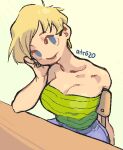  1girl absurdres bare_shoulders blue_eyes breasts chair cleavage dragon_ball dragon_ball_z earrings green_shirt hand_up highres ireza jewelry looking_at_viewer no_nose parted_lips shirt short_hair signature sitting solo strapless_shirt upper_body whoopsatro 