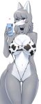  &lt;3 2021 animal_bikini animal_print anthro bell big_breasts bikini black_nose blue_eyes blush breasts canid canine canis cellphone clothing collar cow_bikini cow_print female fur grey_body grey_fur herbivore_high_school hi_res holding_object holding_phone kemono looking_at_viewer mammal multicolored_body multicolored_fur navel pattern_clothing pattern_swimwear phone portrait simple_background sirang_(herbivore_high_school) snout solo standing swetpot swimwear three-quarter_portrait two_tone_body two_tone_fur white_background white_body white_fur wolf 