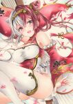  1girl armpits azur_lane bangs bare_shoulders blush breasts chao_ho_(azur_lane) china_dress chinese_clothes cleavage commentary_request detached_sleeves double_bun dress eyebrows_visible_through_hair fang grey_eyes hair_between_eyes hair_intakes hair_ornament highres long_hair looking_at_viewer marker_(medium) medium_breasts multicolored_hair open_mouth petals red_hair saya_pr sidelocks silver_hair skin_fang solo thighhighs traditional_media two-tone_hair white_legwear wide_sleeves 