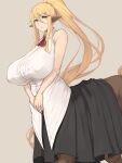  1girl animal_ears bare_arms black_skirt blonde_hair blue_eyes breasts centaur centorea_shianus closed_mouth covered_nipples grey_background hair_between_eyes highres horse_ears huge_breasts light_smile long_hair long_skirt metal_owl_(aden12) monster_girl monster_musume_no_iru_nichijou own_hands_together pointy_ears ponytail red_neckwear shirt sidelocks simple_background skirt sleeveless sleeveless_shirt solo standing very_long_hair white_shirt 