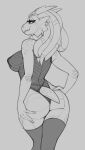  2020 anthro big_butt breasts butt clothing corset dreadlocks ear_piercing female fishnet_clothing hi_res horn legwear lingerie monochrome nipple_bandages non-mammal_breasts piercing rear_view scalie serpentine-drifter sketch smile solo standing thigh_highs topwear 