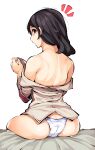  1girl absurdres ass bare_back bare_shoulders black_eyes brown_eyes butt_crack commentary_request from_behind gongtak highres long_hair looking_at_viewer looking_back panties pieck shingeki_no_kyojin simple_background sitting solo surprised underwear undressing uniform white_background white_panties 