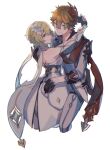  1boy 1girl bangs bare_shoulders black_gloves blonde_hair blue_eyes breasts brown_hair closed_mouth collar commentary_request couple detached_sleeves dress ear_piercing earrings flower from_side genshin_impact gloves grey_pants hair_between_eyes hair_flower hair_ornament hetero highres hug jacket jewelry kino_(m6t2a) long_sleeves looking_at_viewer lumine_(genshin_impact) mask mask_on_head medium_hair pants parted_lips piercing short_hair sidelocks simple_background smile standing tartaglia_(genshin_impact) white_background white_dress white_flower yellow_eyes 