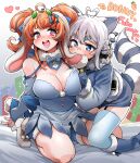  2girls absurdres animal_ears biting blue_bow blue_dress blue_eyes blue_hair bonnie_(bunny_gif) bow breasts bunny_ears bunny_girl cleavage dress drooling ear_biting english_commentary fukumaaya fur_scarf hair_bow heart_hair high_heels highres indie_virtual_youtuber large_breasts long_hair multicolored_hair multiple_girls open_mouth purple_eyes raccoon_ears raccoon_girl raccoon_tail second-party_source skindentation snuffy_(vtuber) sparkling_eyes streaked_hair tail thighhighs twintails v-shaped_eyebrows very_long_hair virtual_youtuber yuri 