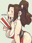  1girl absurdres between_breasts breasts brown_hair cleavage closed_fan cowboy_shot fan fatal_fury folding_fan highres index_finger_raised large_breasts long_hair pelvic_curtain ponytail profile shiranui_mai signature smile solo the_king_of_fighters whoopsatro 