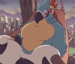  anthro avian bird blue_body blue_feathers blush breath_of_the_wild embarrassed feathers hammock kass_(tloz) male masturbation minashirazu muscular muscular_anthro muscular_male nintendo nude parrot rito solo talons the_legend_of_zelda video_games 