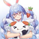  1girl absurdres animal_ear_fluff animal_ears bangs black_gloves blue_hair braid bunny bunny-shaped_pupils bunny_ears carrot_hair_ornament creature english_commentary food_themed_hair_ornament fur-trimmed_gloves fur_scarf fur_trim glasses gloves grin gudanco_(nyanmeowzer) hair_between_eyes hair_ornament highres hikimayu hololive hug multicolored_hair nousagi_(usada_pekora) orange_eyes puffy_short_sleeves puffy_sleeves red-framed_eyewear short_eyebrows short_sleeves smile swept_bangs twin_braids twintails two-tone_hair upper_body usada_pekora v-shaped_eyebrows virtual_youtuber white_hair 