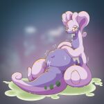  1:1 2020 abdominal_bulge ambiguous_gender belly blush bodily_fluids dragon duo featureless_crotch feral goo_creature goodra hi_res larger_feral larger_pred multicolored_body nintendo pok&eacute;mon pok&eacute;mon_(species) purple_body room_kinoko saliva sitting size_difference slightly_chubby slime smaller_feral smaller_prey thick_tail tongue tongue_out two_tone_body video_games vore 