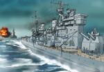  battleship cannon fire firing historical historical_event hms_king_george_v mast military military_vehicle muzzle_flash no_humans ocean rodney_(battleship) royal_navy ship smoke smokestack tasoku_hokou_heiki turret warship water watercraft waves wire world_war_ii 