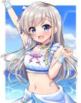  1girl :d absurdres arm_up armpits bangs bare_shoulders blue_choker blue_eyes blurry blurry_background blush bow braid braided_bangs breasts brooch choker collarbone commentary crop_top day depth_of_field eyebrows_visible_through_hair glint go_to_paradise_(idolmaster) grey_hair highres hisakawa_hayate idolmaster idolmaster_cinderella_girls idolmaster_cinderella_girls_starlight_stage jewelry long_hair looking_at_viewer medium_breasts mitsumine_raimu navel open_mouth pink_bow ribbon_trim skirt smile solo very_long_hair water white_skirt wrist_cuffs 