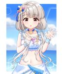  1girl :o bangs bare_shoulders blue_choker blue_ribbon blurry blurry_background blush braid braided_bangs breasts brown_eyes choker collarbone commentary crop_top day depth_of_field eyebrows_visible_through_hair go_to_paradise_(idolmaster) grey_hair hair_ornament hair_ribbon hands_up highres hisakawa_nagi idolmaster idolmaster_cinderella_girls idolmaster_cinderella_girls_starlight_stage long_hair looking_at_viewer mitsumine_raimu navel parted_lips ribbon skirt small_breasts solo very_long_hair water white_skirt wrist_cuffs 