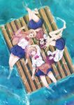  4girls amatani_mutsu bare_legs barefoot blonde_hair blue_skirt bowtie_removed brown_hair clothes_around_waist full_body glasses highres kujou_shion long_hair looking_at_viewer lying miniskirt multiple_girls ocean official_art on_back on_side onishima_homare open_mouth partially_submerged raft red-framed_eyewear red_neckwear school_uniform shirt skirt sleeves_rolled_up smile sounan_desuka? suzumori_asuka sweater_vest water white_shirt 
