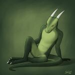  1:1 2020 3_toes anthro claws countershading digital_drawing_(artwork) digital_media_(artwork) digitigrade dragon featureless_crotch feet goofle green_background green_body green_scales hi_res horn looking_at_viewer male nude null portrait presenting scales scalie shaded simple_background sitting solo toes yellow_eyes 