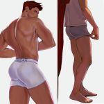  2boys ass ass_focus back bara blue_eyes boku_no_hero_academia boxers facial_hair feathered_wings grey_male_underwear hawks_(boku_no_hero_academia) highres keva_(liltkeva) looking_at_viewer looking_back male_focus male_underwear mature_male multiple_boys muscular muscular_male no_pants pectorals red_hair red_wings scar scar_across_eye short_hair sideburns spiked_hair stubble thick_thighs thighs todoroki_enji underwear underwear_only white_male_underwear wings 