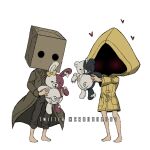  2others alternate_color bag barefoot blush box brown_coat brown_pants cardboard_box coat criis-chan danganronpa_(series) danganronpa_2:_goodbye_despair diaper ear_bow english_commentary hat heart holding jacket little_nightmares little_nightmares_ii mono_(little_nightmares) monokuma monomi_(danganronpa) multiple_others pants paper_bag raincoat simple_background six_(little_nightmares) stuffed_animal stuffed_bunny stuffed_toy teddy_bear twitter_username white_background 