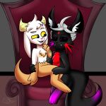  anthro bovid caprine chair duo furniture goat hi_res horn lagomorph leporid male male/male mammal on_lap rabbit sitting_on_lap smug theartyoshi throne tote_brando whiskers 