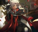  1boy ;d amakusa_shirou_(fate) bangs black_gloves black_legwear black_suit collared_shirt cuffs dark_skin dark_skinned_male fate/grand_order fate_(series) formal gloves handcuffs hat holding holding_clothes holding_hat holding_key itefu key monocle necktie one_eye_closed open_mouth pants parted_bangs red_neckwear shirt silver_hair smile solo spiked_hair spotlight suit top_hat waistcoat wanted white_shirt 
