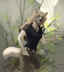  2021 5_fingers anthro black_nose blonde_hair blue_eyes breasts canid canine digital_media_(artwork) female fingers fur grey_body grey_fur hair hi_res koul_fardreamer mammal orphen-sirius smile solo 