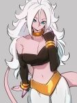  1girl android_21 bare_shoulders blue_eyes bracelet breasts choker cleavage colored_skin dragon_ball dragon_ball_fighterz grey_background hair_between_eyes jewelry kemachiku large_breasts long_hair looking_at_viewer majin_android_21 midriff navel pink_skin simple_background solo tail white_hair yellow_choker 