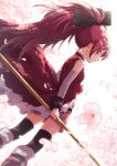  1girl absurdres boots bow detached_sleeves hair_bow highres long_hair magical_girl mahou_shoujo_madoka_magica polearm ponytail red_eyes red_hair rilafm345 sakura_kyouko smile solo spear weapon 