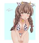  1girl ame-san animal_ears animal_print aqua_background bell bikini braid breasts brown_eyes brown_hair cleavage commentary_request cow_ears cow_horns cow_print cow_tail cowbell cowboy_shot dated fake_animal_ears fake_horns highres horns kantai_collection large_breasts long_hair looking_at_viewer shinshuu_maru_(kancolle) solo swimsuit tail thigh_gap twin_braids twitter_username two-tone_background white_background white_bikini 