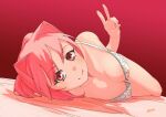  1girl absurdres bed_sheet blush breasts closed_mouth collarbone copyright_request hand_up highres large_breasts looking_at_viewer lying medium_hair on_bed on_side pink_hair red_background red_eyes ryusei_hashida signature simple_background smile solo underwear underwear_only v 