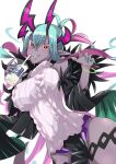  1girl absurdres aqua_hair bangs bare_shoulders black_coat black_skirt blush breasts coat colored_skin cup dark_skin dark_skinned_female eyeliner fate/grand_order fate_(series) fur_trim grey_skin hair_between_eyes highres horns huge_filesize ibuki_douji_(fate) large_breasts long_hair long_sleeves looking_at_viewer magatama makeup multicolored_hair off_shoulder oni oni_horns pegina pelvic_curtain pink_hair pointy_ears red_eyes ribbed_sweater sidelocks skirt sleeveless_sweater smile sweater tail turtleneck turtleneck_sweater wide_sleeves 