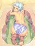  1girl a.x. all_fours ass backboob bangs bathroom bathtub blue_panties blush breasts green_eyes highres indoors light_blue_hair looking_at_viewer looking_back medium_breasts original panties partially_submerged short_hair smile solo striped striped_panties topless underwear water 