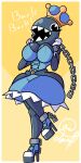  2020 ai_lmao anthro big_breasts big_eyes blue_boots blue_clothing blue_dress blue_footwear boots breasts chain chain_chomp clothing crown dialogue dress excited female footwear grey_body hi_res high_heeled_boots high_heels looking_at_viewer mario_bros nintendo non-mammal_breasts on_one_leg onomatopoeia open_mouth platform_footwear platform_heels shackles sharp_teeth signature simple_background smile solo sound_effects standing teeth text video_games yellow_background 