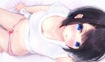  black_hair blue_eyes blush breasts cleavage close navel original panties short_hair striped_panties underwear yunarebun 