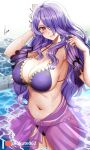  1girl bangs bare_shoulders blush breasts camilla_(fire_emblem) cleavage collarbone fire_emblem fire_emblem_fates fire_emblem_heroes flower hair_flower hair_ornament hair_over_one_eye highres large_breasts long_hair looking_at_viewer navel o-ring parted_lips piukute062 purple_eyes purple_hair sarong smile swimsuit thighs wading water wavy_hair wet 
