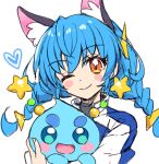  1girl ;) animal_ears blue_hair blue_jacket blush_stickers braid cat_ears cat_girl commentary eru eyebrows_visible_through_hair face heart jacket letterman_jacket long_hair low-tied_long_hair one_eye_closed orange_eyes precure prunce_(precure) simple_background sketch smile spoken_heart star_(symbol) star_twinkle_precure track_jacket triangle_hair_ornament twin_braids two-tone_jacket upper_body white_background white_jacket yuni_(precure) 