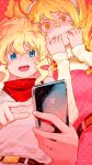  2girls :d absurdres anna_(ryusei_hashida) belt biting blonde_eyelashes blonde_hair blue_eyes brand_name_imitation cellphone clenched_teeth dress drill_hair hair_between_eyes hands_up highres iphone long_sleeves mofu_mofuko_(ryusei_hashida) multiple_girls nail_biting open_mouth original phone pink_dress pointing ryusei_hashida shirt sidelocks signature smartphone smile teeth white_shirt yellow_eyes 