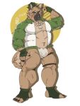  2021 anthro asian_clothing blush brown_body brown_fur bulge bunny_stream canid canine canis clothing domestic_dog east_asian_clothing fundoshi fur hi_res humanoid_hands japanese_clothing japanese_text kemono male mammal scar slightly_chubby solo text tokyo_afterschool_summoners underwear video_games yasuyori 