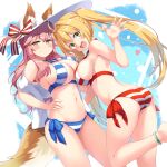  2girls absurdres ahoge animal_ear_fluff animal_ears ass bangs bare_shoulders bikini blonde_hair blue_bikini blush bow breasts cleavage collarbone ears_through_headwear eyebrows_visible_through_hair fate/grand_order fate_(series) fox_ears fox_tail green_eyes hair_between_eyes hair_intakes halterneck hand_up hands_on_hips hat hat_bow heart highres jewelry large_breasts long_hair looking_at_viewer multiple_girls navel nero_claudius_(fate)_(all) nero_claudius_(swimsuit_caster)_(fate) pink_hair red_bikini side-tie_bikini smile stomach striped striped_bikini striped_bow subaru_(794829485) sun_hat swimsuit tail tamamo_(fate)_(all) tamamo_no_mae_(swimsuit_lancer)_(fate) thighs twintails yellow_eyes 