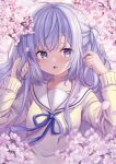  1girl bangs blue_eyes blue_hair blue_ribbon blurry blurry_background blush brown_shirt collarbone commentary_request depth_of_field eyebrows_visible_through_hair flower gochuumon_wa_usagi_desu_ka? hands_up kafuu_chino long_hair neck_ribbon open_mouth pink_flower ribbon sailor_collar sakuraume school_uniform serafuku shirt solo tree_branch two_side_up upper_body very_long_hair white_sailor_collar 