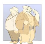  2021 anthro bottomwear clothing domestic_pig duo footwear humanoid_hands inunoshippo kemono male mammal necktie overweight overweight_male pants sandals shirt suid suina sus_(pig) topwear 