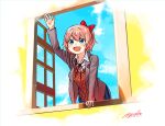  1girl :d absurdres arm_support blue_eyes blue_skirt blue_sky bow brown_vest collared_shirt doki_doki_literature_club grey_jacket hair_bow hand_up highres jacket long_sleeves looking_at_viewer medium_hair neck_ribbon open_clothes open_jacket open_mouth pleated_skirt red_bow red_neckwear red_ribbon ribbon ryusei_hashida sayori_(doki_doki_literature_club) shirt signature skirt sky smile solo vest waving white_shirt window wing_collar 